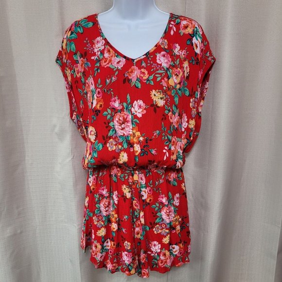 Show Me Your Mumu Rowdy Romper Women's Size Large Red Floral Print V-Neck - Picture 1 of 6